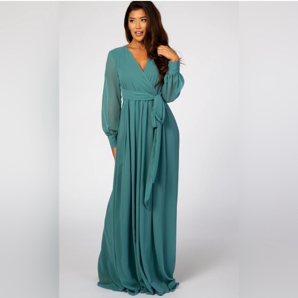 Pinkblush maternity long sleeve chiffon maxi dress in jade S